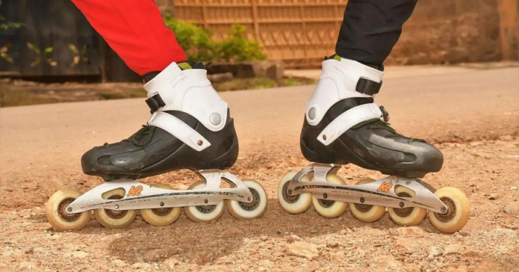a skater standing in 5 wheel inline skates; they're speed monsters